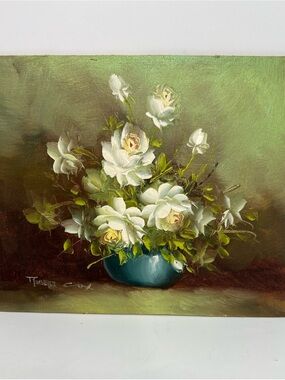 Robert Cox Painting 8x10 Still Life Flowers On Wood Board Needs Framed Vintage